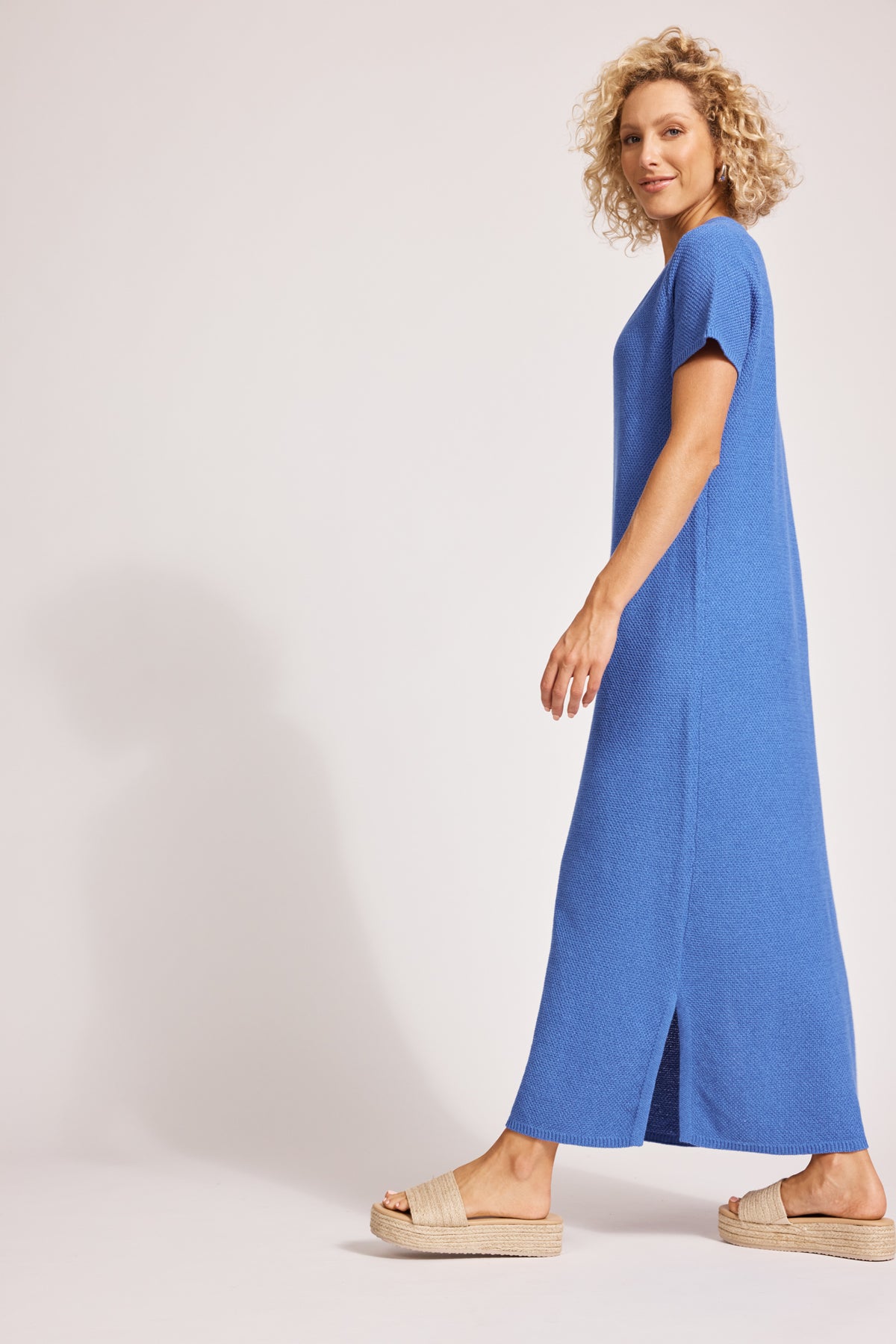 Eb&amp;Ive Artemis Short sleeve maxi T-Shirt dress Vneck  Blue cotton textured summer knit tank dress swim cover 