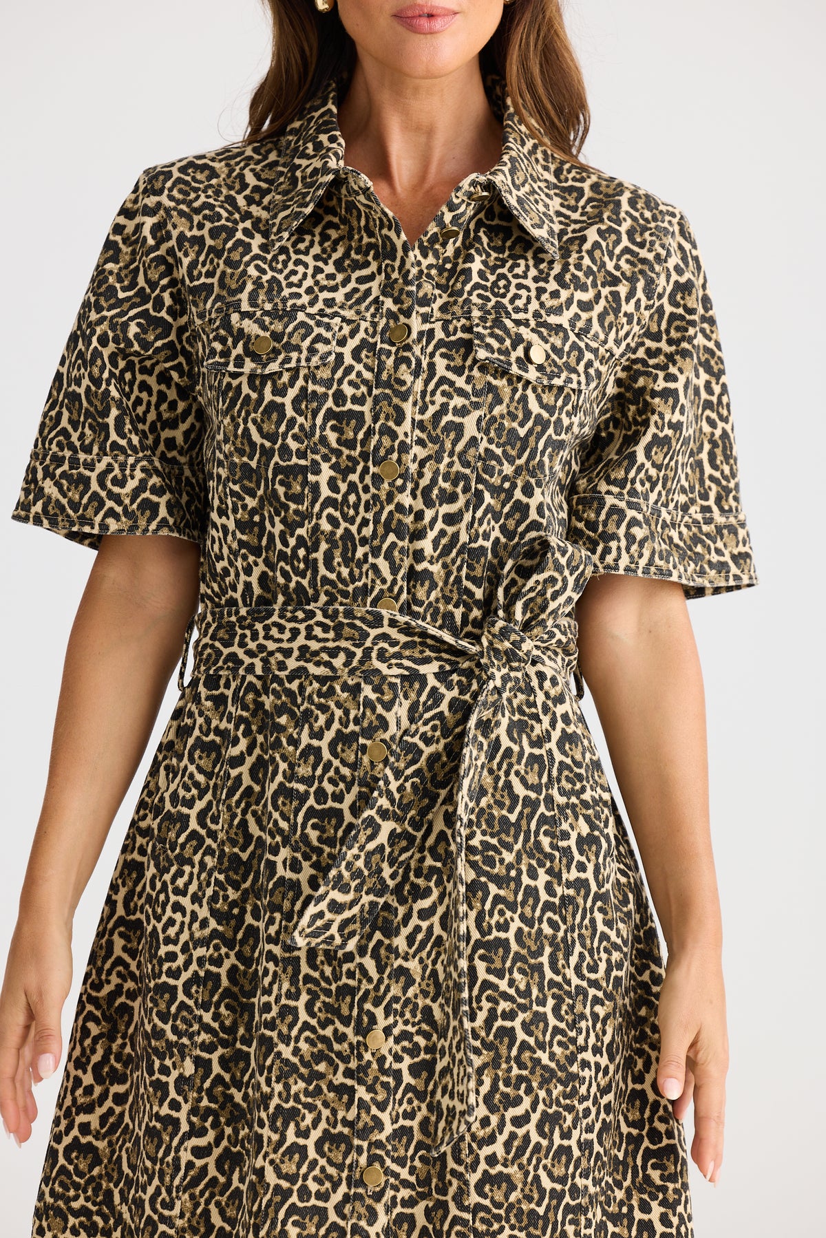 Brave + True Leroy Dress  Beige Leopard Denim Short Shirt Dress