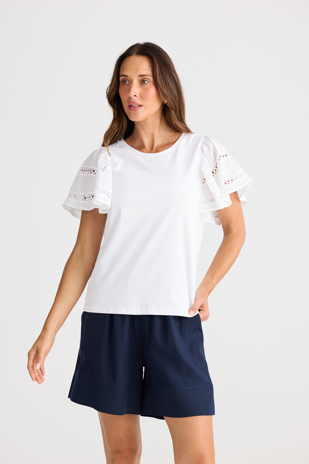 Brave + True Chloe Cotton T-shirt Work Smart Casual Flared Sleeve Short sleeve detail White