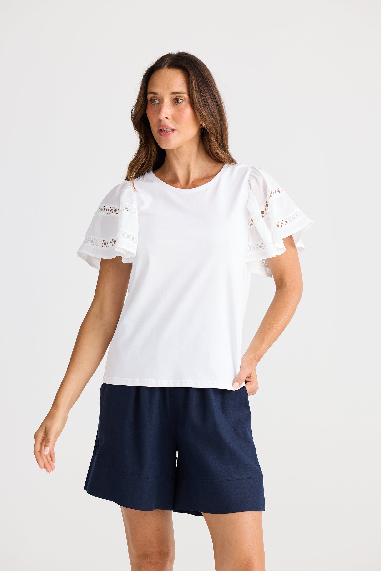 Brave + True Chloe Cotton T-shirt Work Smart Casual Flared Sleeve Short sleeve detail White
