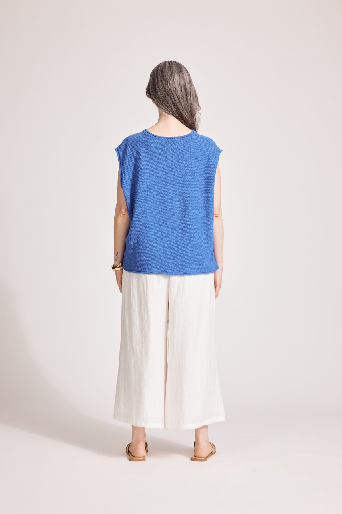 Eb&amp;Ive Artemis Sleeveless Knit Top Blue cotton textured tank  round neck and drop sleeve  summer knit 