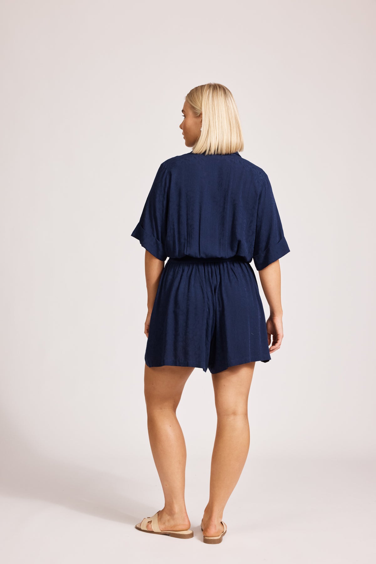 Eb&amp;Ive Parisio Belt Shirt jumpsuit Short 3/4 sleeve with collar and button front elastic and Belt waist summer work romper swim cover navy floral playsuit 