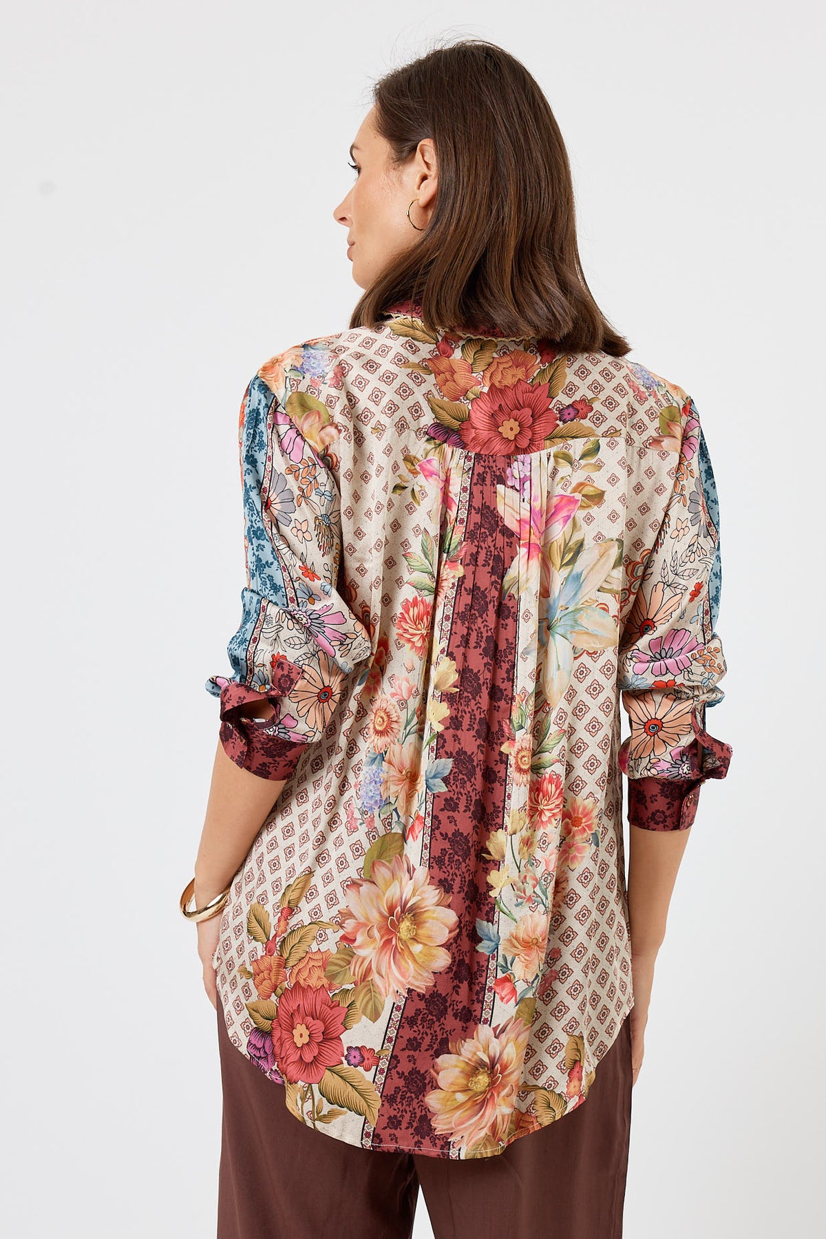 LulaSoul winnapeg Vintage & retro all over floral print statement bold burgundy print  soft satin button up Shirt  women’s fashion collared matching set coordinates two piece