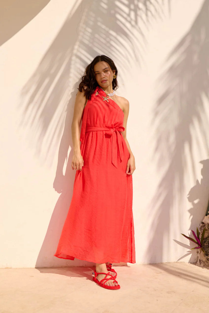 Baja One Shoulder Dress - Punch