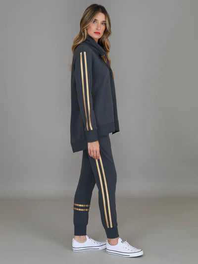 Darcy Golden Stripes Funnel Neck Sweatshirt - Charcoal / Gold