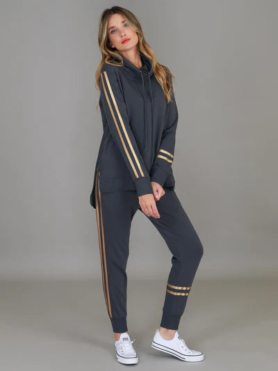Darcy Golden Stripes Funnel Neck Sweatshirt - Charcoal / Gold