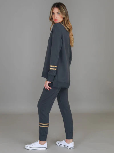 Darcy Golden Stripes Funnel Neck Sweatshirt - Charcoal / Gold