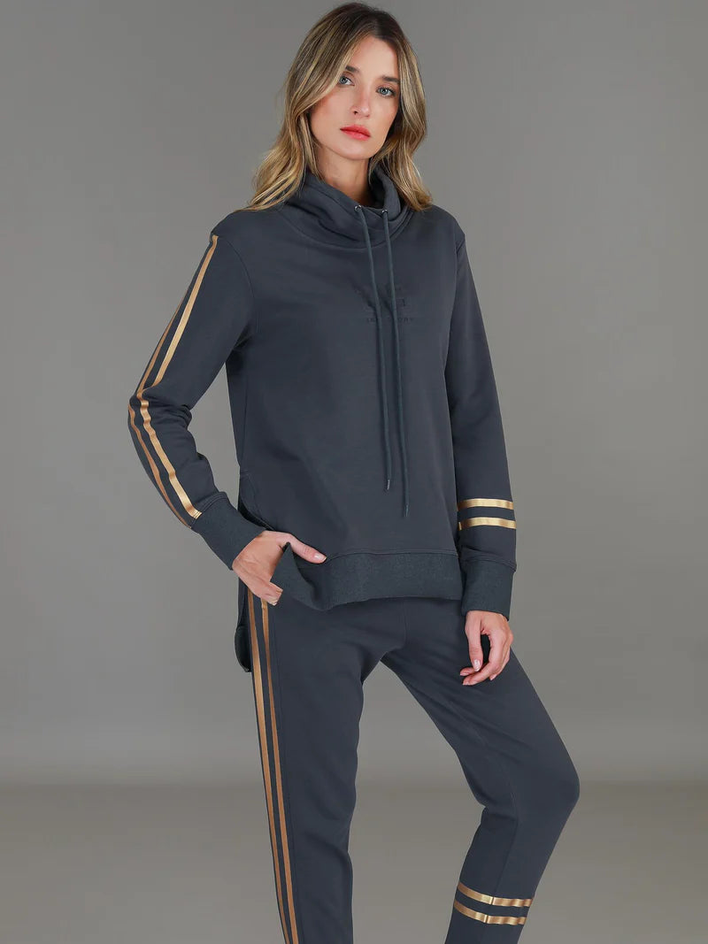 Darcy Golden Stripes Funnel Neck Sweatshirt - Charcoal / Gold