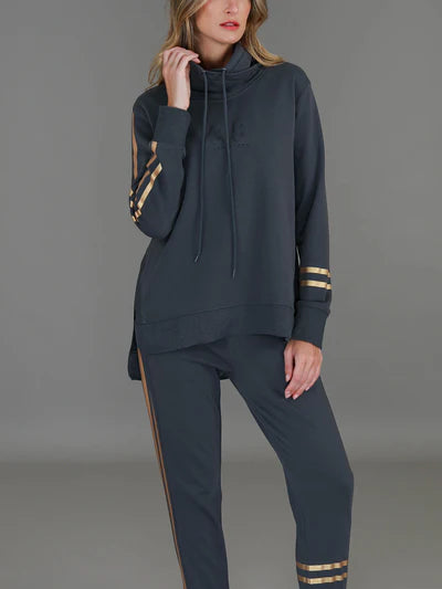 Darcy Golden Stripes Funnel Neck Sweatshirt - Charcoal / Gold