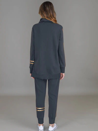 Darcy Golden Stripes Funnel Neck Sweatshirt - Charcoal / Gold