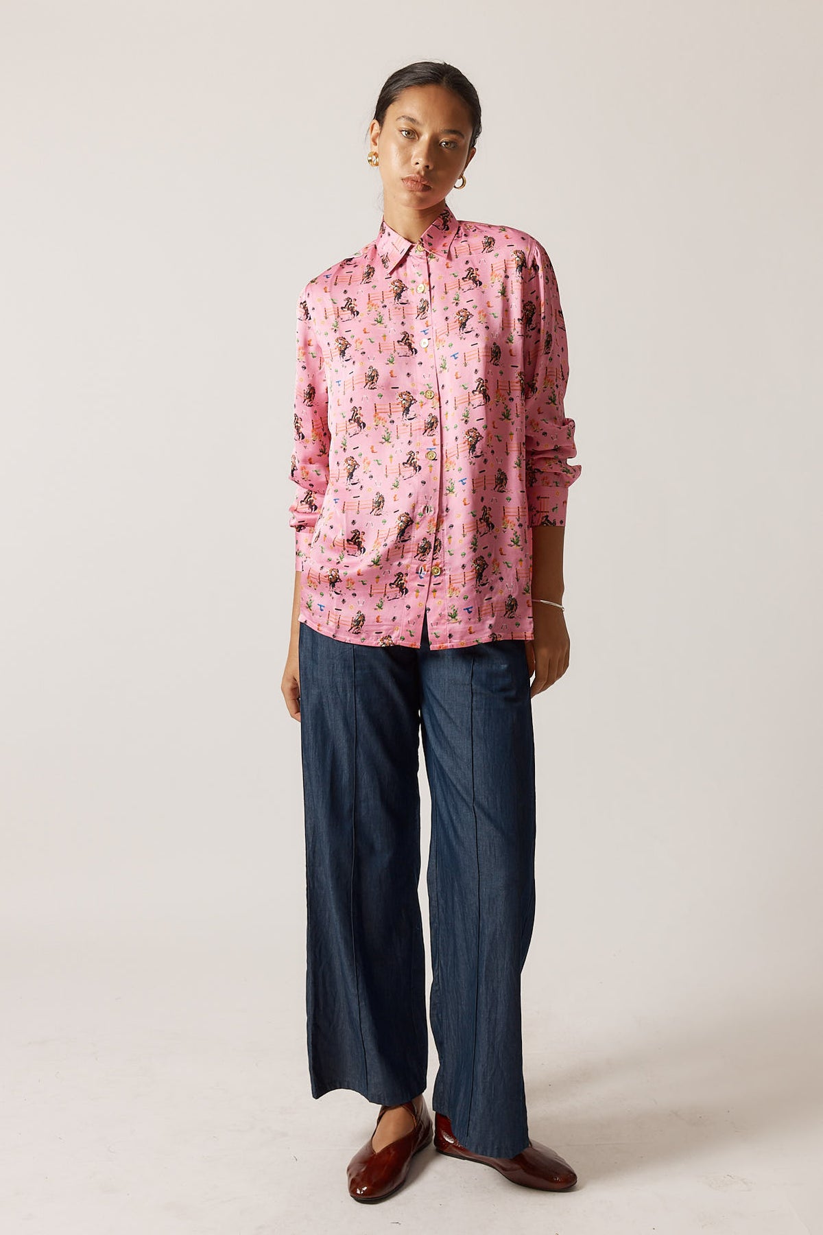 RubyYaya Cowgirl Vintage & retro all over cowboy print statement  bold Animal print with horses soft button up Shirt  women’s fashion collared blouse pink