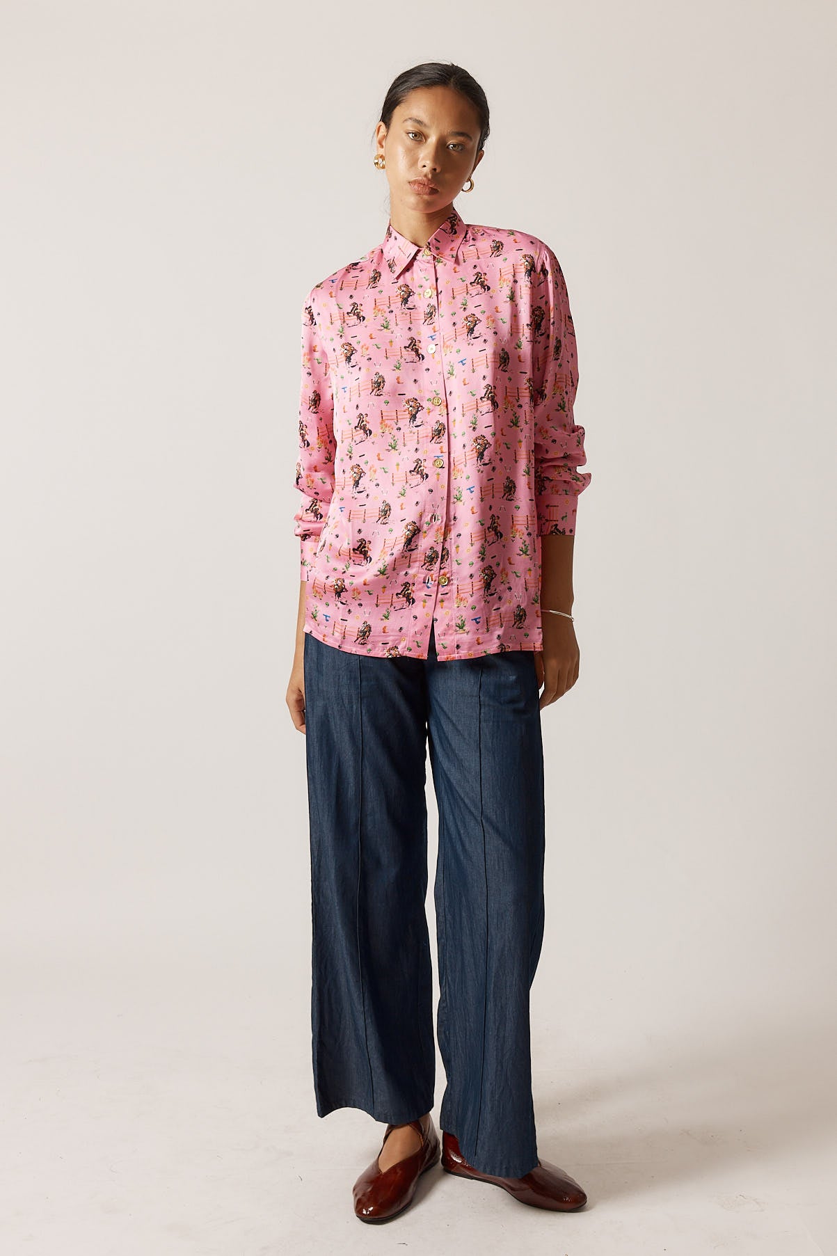 RubyYaya Cowgirl Vintage & retro all over cowboy print statement  bold Animal print with horses soft button up Shirt  women’s fashion collared blouse pink