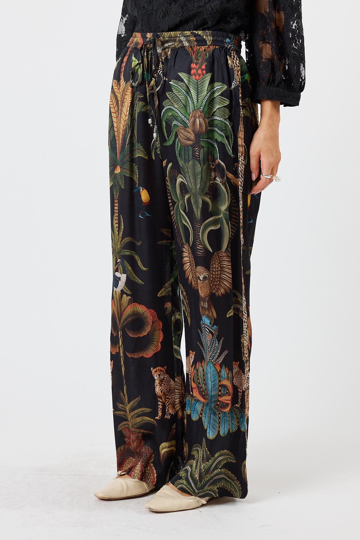 LulaSoul cheetah Vintage & retro all over jungle print statement bold Animal print with palms soft satin straight leg pant  Side stripe  women’s fashion matching set coordinates two piece black