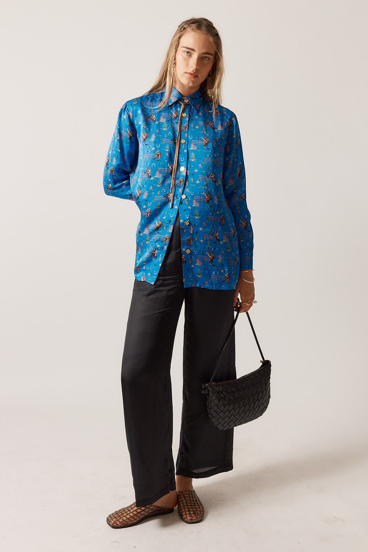 RubyYaya Cowgirl Vintage & retro all over cowboy print statement  bold Animal print with horses soft button up Shirt  women’s fashion collared blouse cobalt blue 