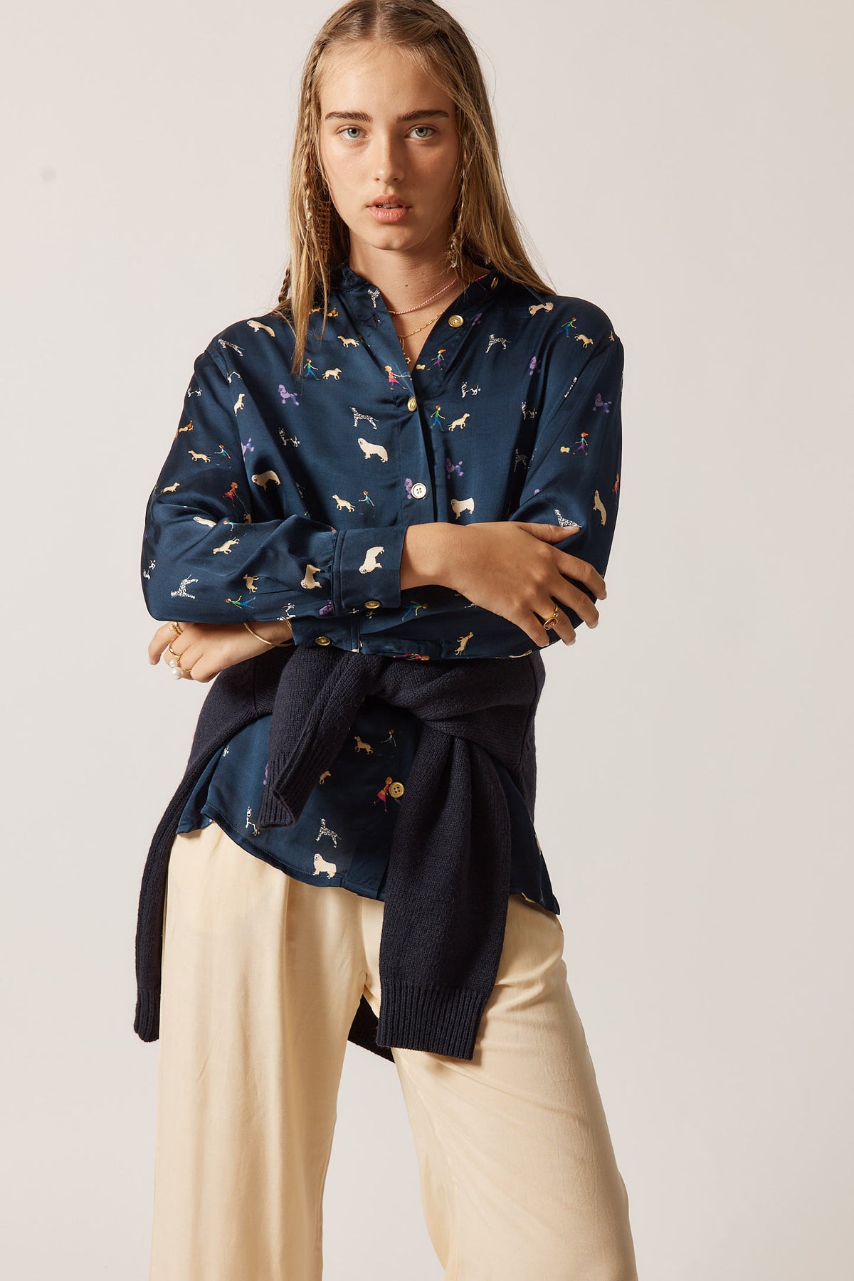 RubyYaya puppy love  Vintage & retro all over exclusive print statement  bold Animal print with dogs soft button up Shirt  women’s fashion collared blouse Navy work wear