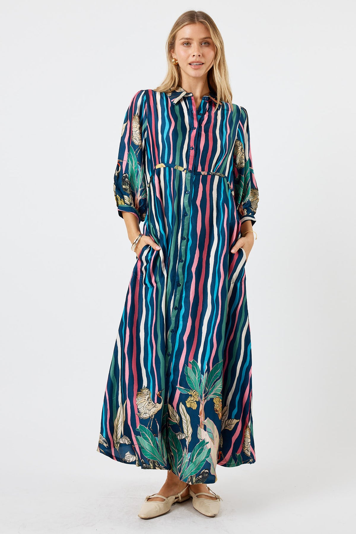 LulaSoul Cambridge Vintage & retro all over jungle stripe print statement bold bird print  soft satin button up Shirt dress women’s fashion evening event dress work dress blue long sleeve 