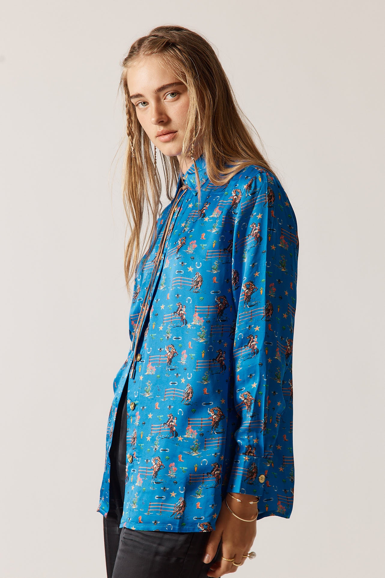 RubyYaya Cowgirl Vintage & retro all over cowboy print statement  bold Animal print with horses soft button up Shirt  women’s fashion collared blouse cobalt blue 