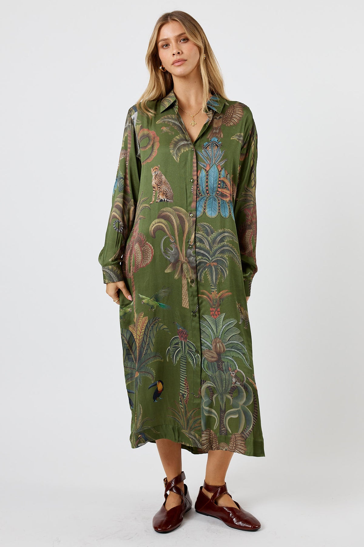 LulaSoul Cheetah Vintage & retro all over jungle print statement bold animal print  soft satin button up Shirt dress women’s fashion evening event dress olive green 