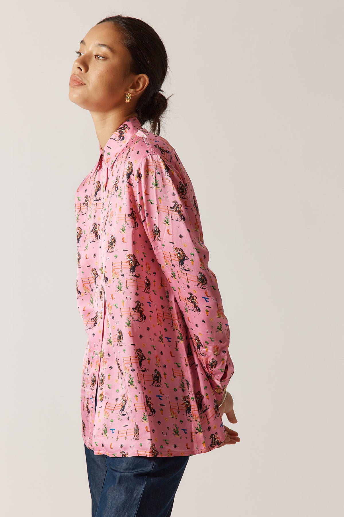 RubyYaya Cowgirl Vintage & retro all over cowboy print statement  bold Animal print with horses soft button up Shirt  women’s fashion collared blouse cobalt pink