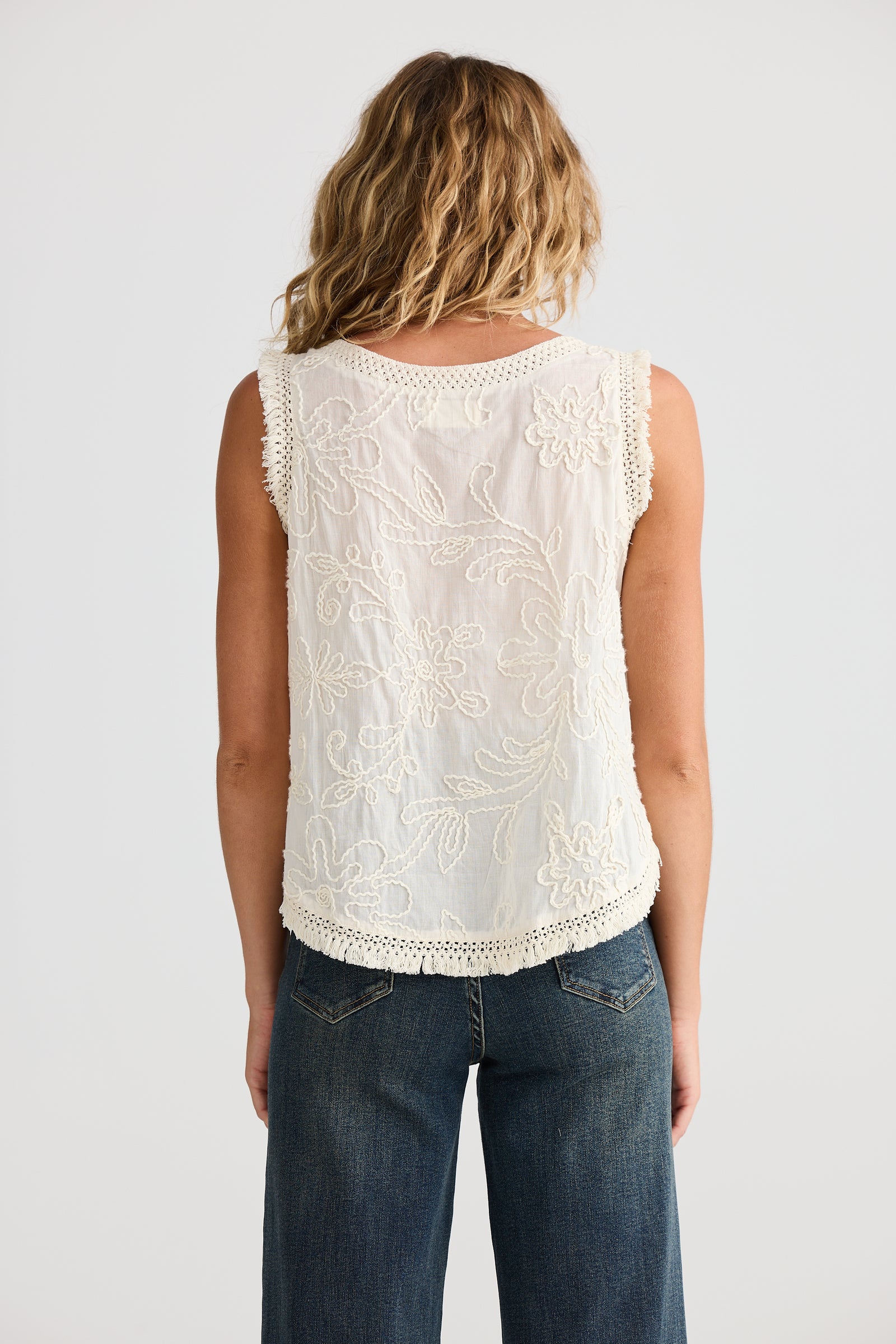 Talisman Chantilly lace top cotton with embroidery and fringe edges. Summer bohemian top 