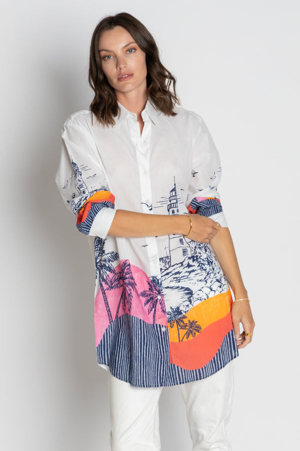 Lulasoul  byron Shirt Dress tunic White cotton with a sun rise and lighthouse print in navy Summer swim cover