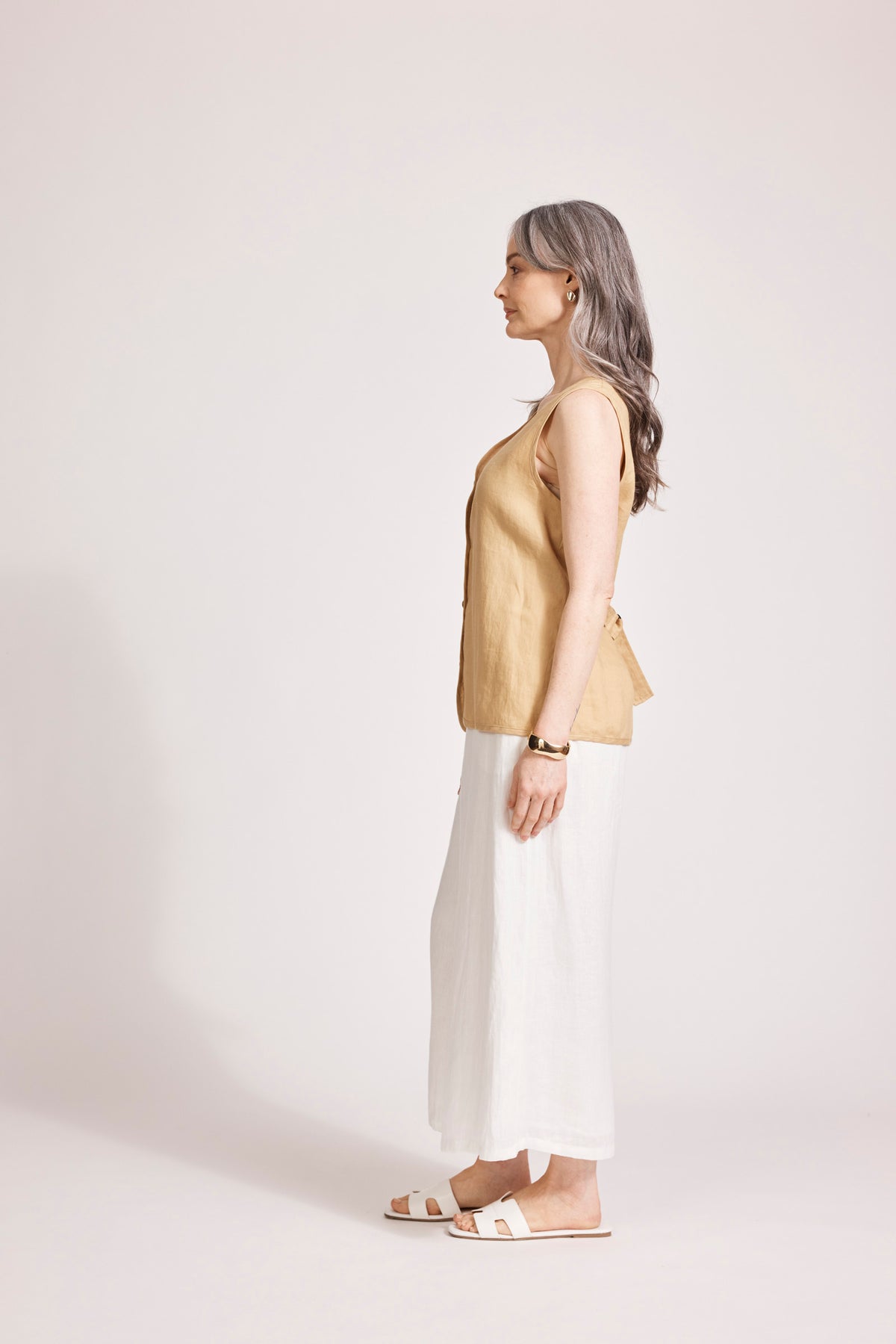 Eb&amp;Ive Miramar vest smart casual linen summer vest sleeveless v-neck work top camel