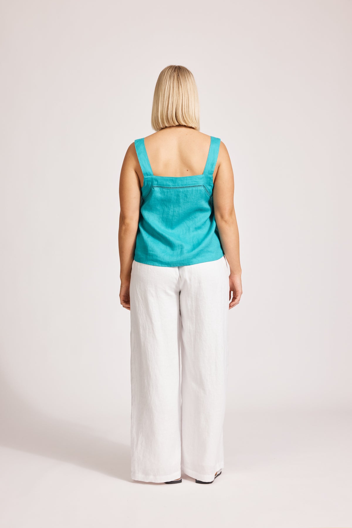 Eb&amp;Ive Miramar linen crop  top sleeveless square neck crop relaxed casual work blouse cotton summer teal lagoon