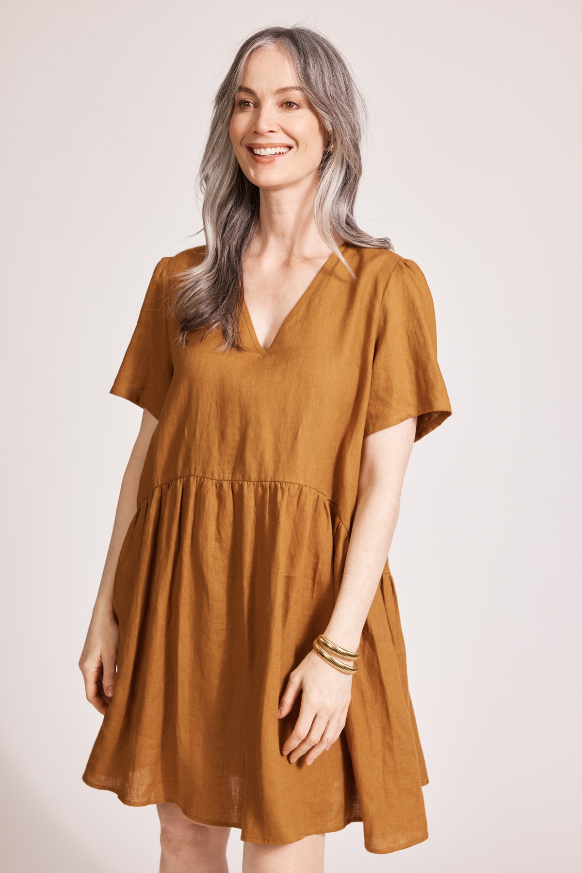 Eb&amp;Ive Miramar Linen midi short summer shift Aline v-neck dress short sleeve caramel 