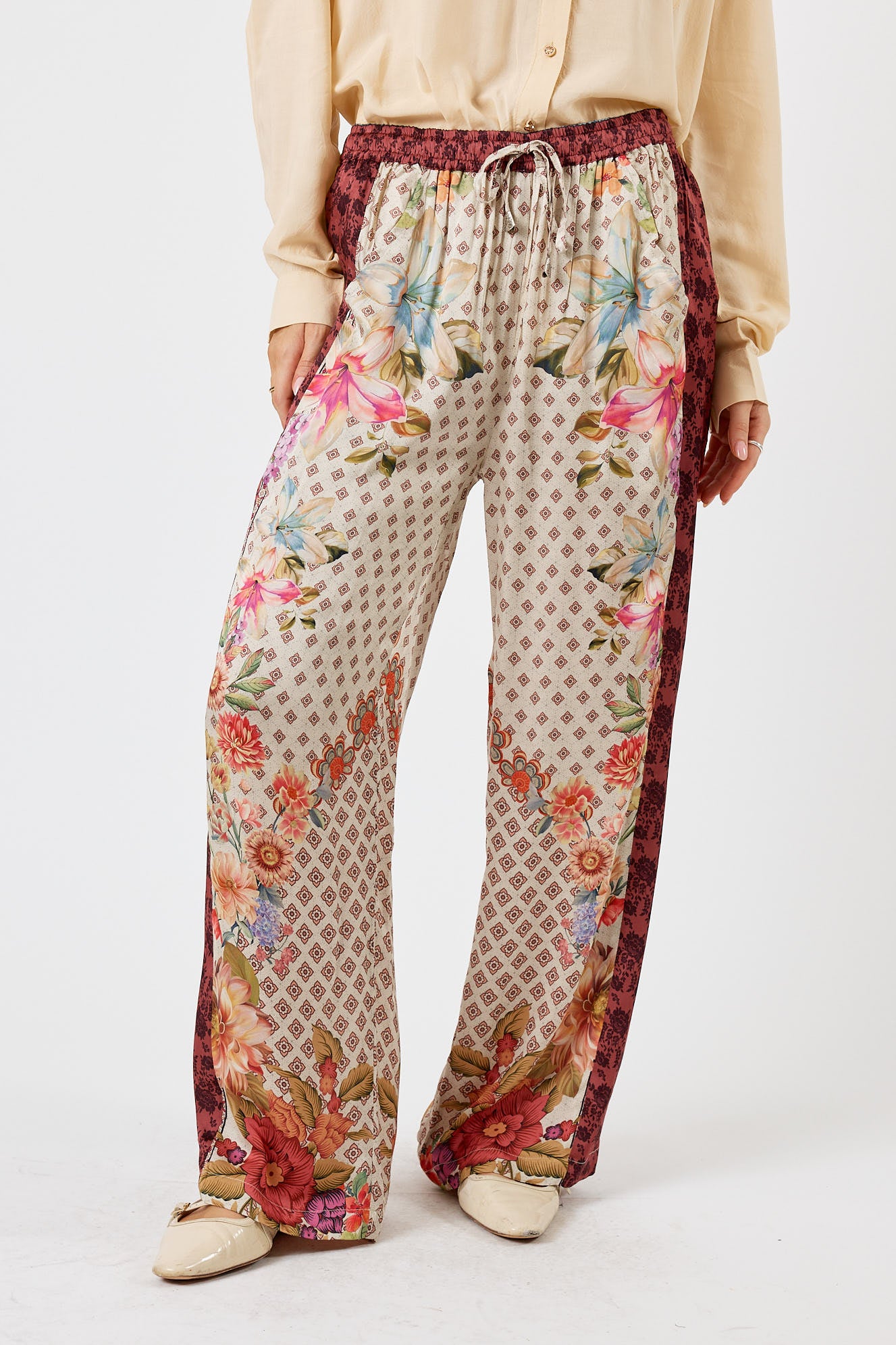 LulaSoul Winnipeg Vintage & retro all over jungle print statement bold burgundy floral print with  soft satin straight leg pant  Side stripe  women’s fashion matching set coordinates two piece