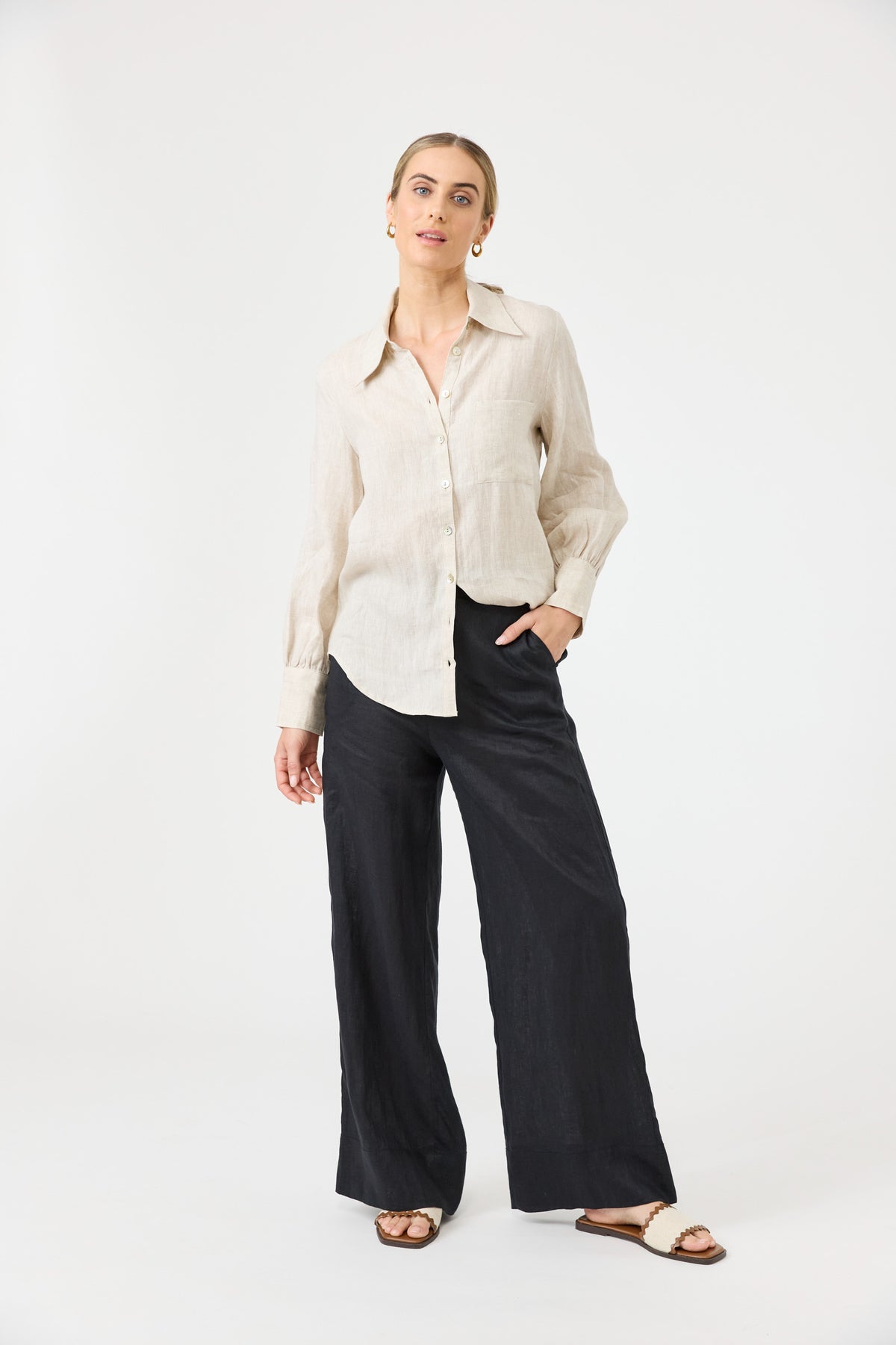 Eb&amp;Ive Studio Linen Straight Wide Leg Pant Black Long Work Pant