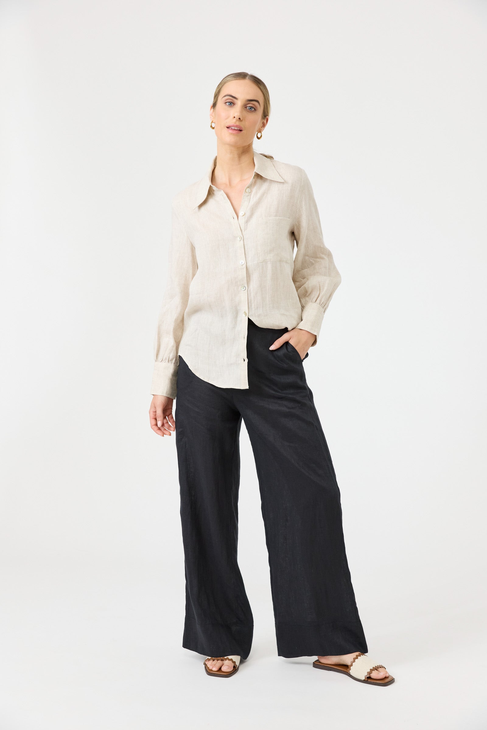 Eb&Ive Studio Linen Straight Wide Leg Pant Black Long Work Pant