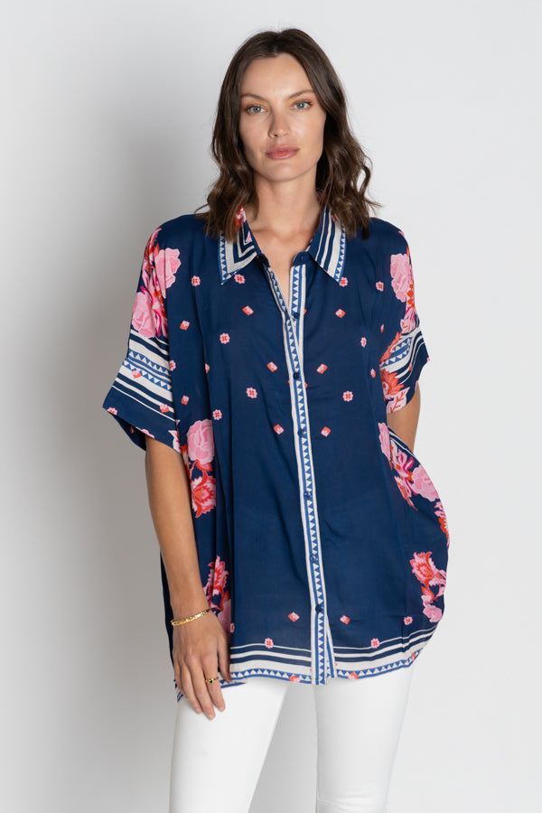 Lula Soul Ladera Navy and pink floral Collared short sleeve shirt button up summer holiday resort set