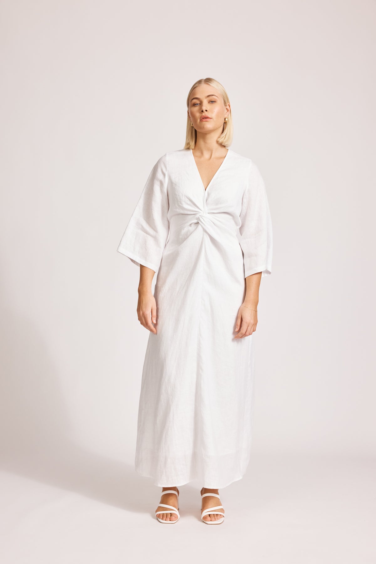 Eb&amp;Ive Miramar twist dress long sleeve kimono kaftan sleeve fit and flare v-neck event holiday resort dress summer Linen maxi white