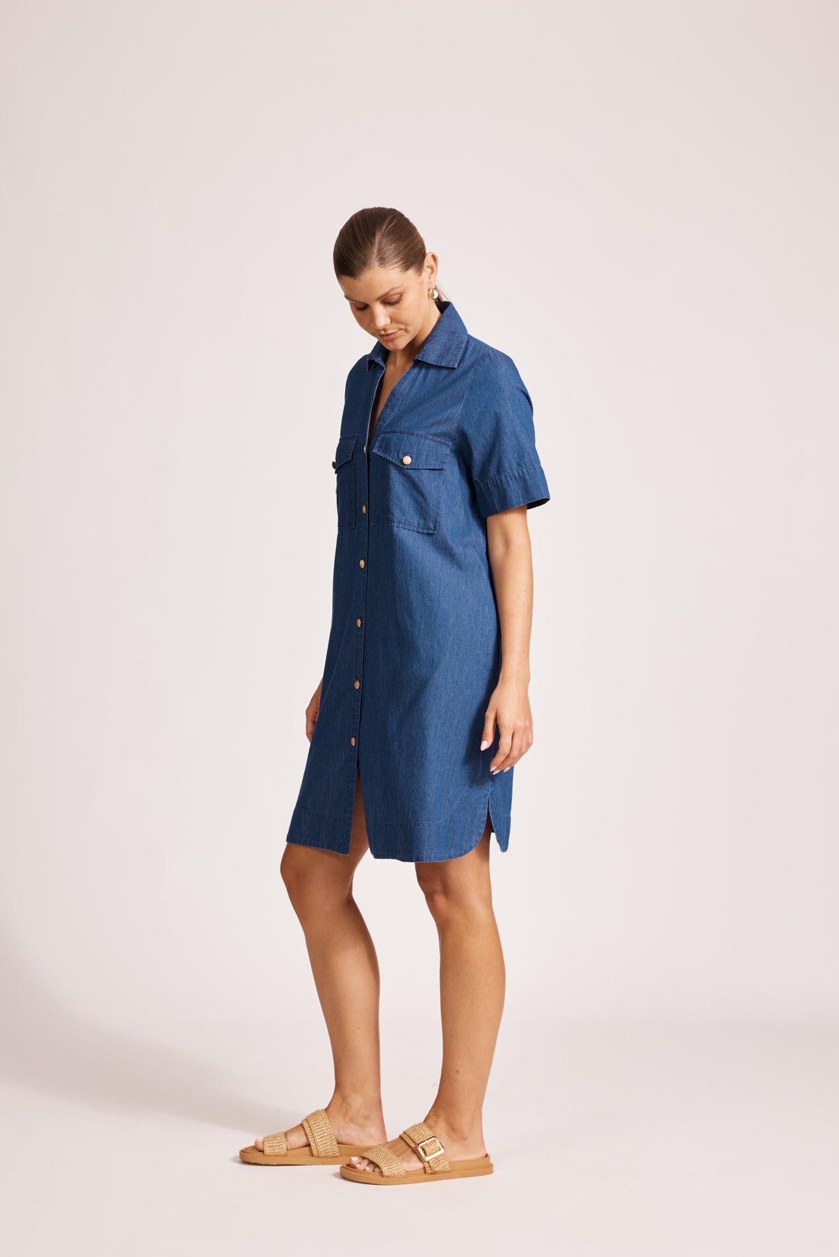 Eb&amp;Ive Melenia Denim shirt dress short sleeve button front and filler shirt maker cotton summer dress indigo 