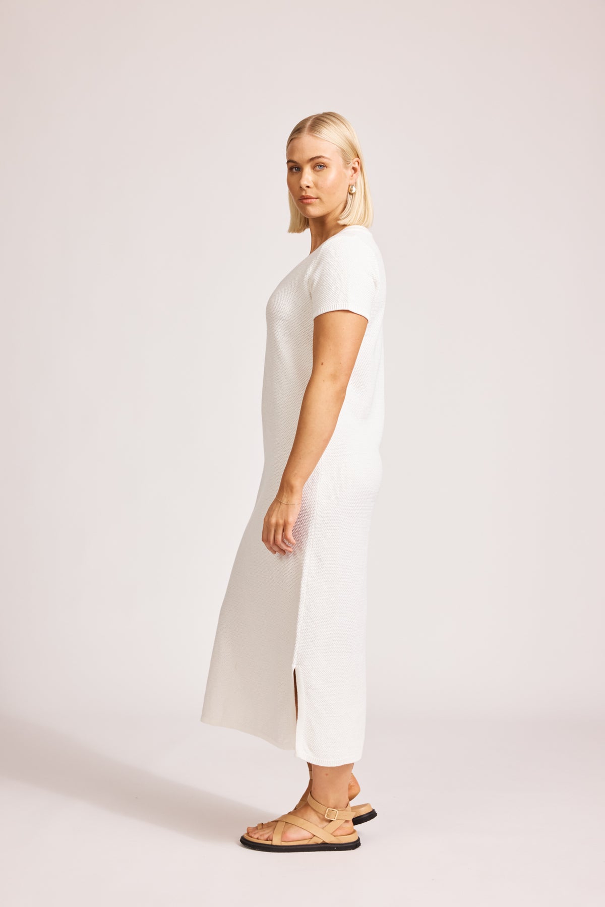 Eb&amp;Ive Artemis Short sleeve maxi T-Shirt dress Vneck  white cotton textured summer knit tank dress swim cover sport 