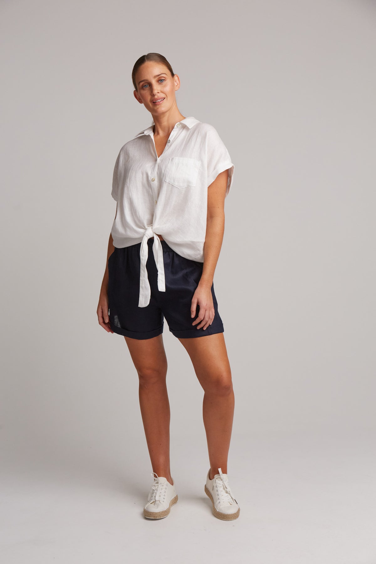 Eb&amp;Ive Studio Linen Tie Front Shirt  Top  White Work Shirt