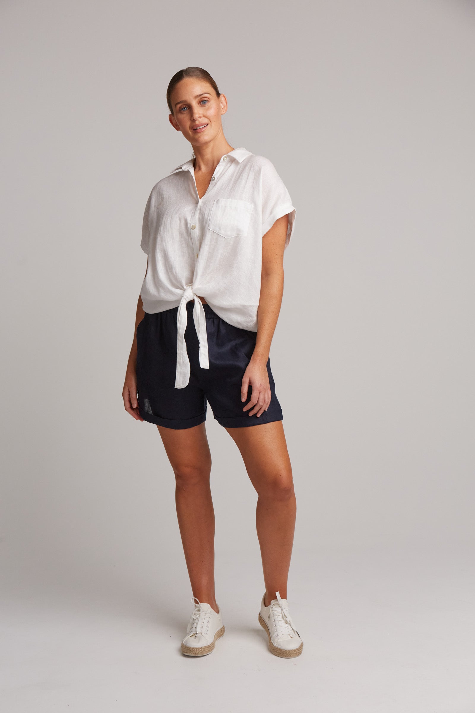Eb&Ive Studio Linen Tie Front Shirt  Top  White Work Shirt