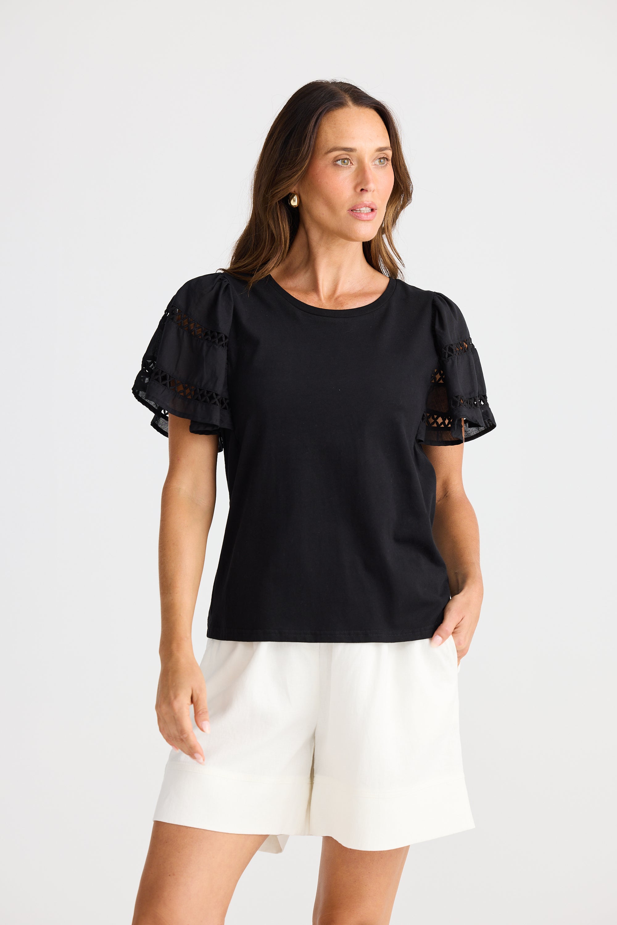 Chloe Tee - Lace Cap Sleeve Black