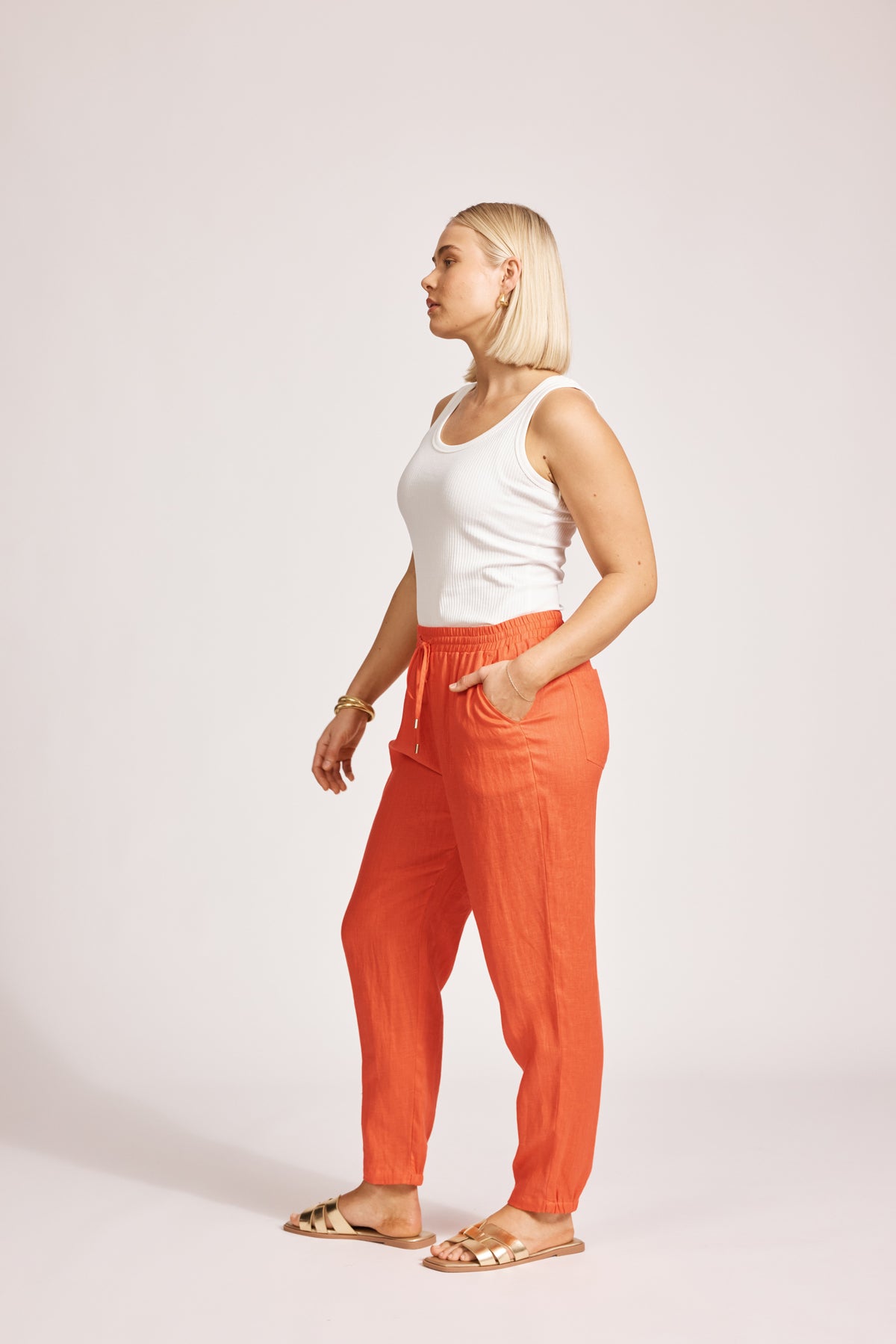 Eb&amp;Ive Miramar Linen pant Relaxed linen jogger summer drawstring waist slim tapered leg coral orange