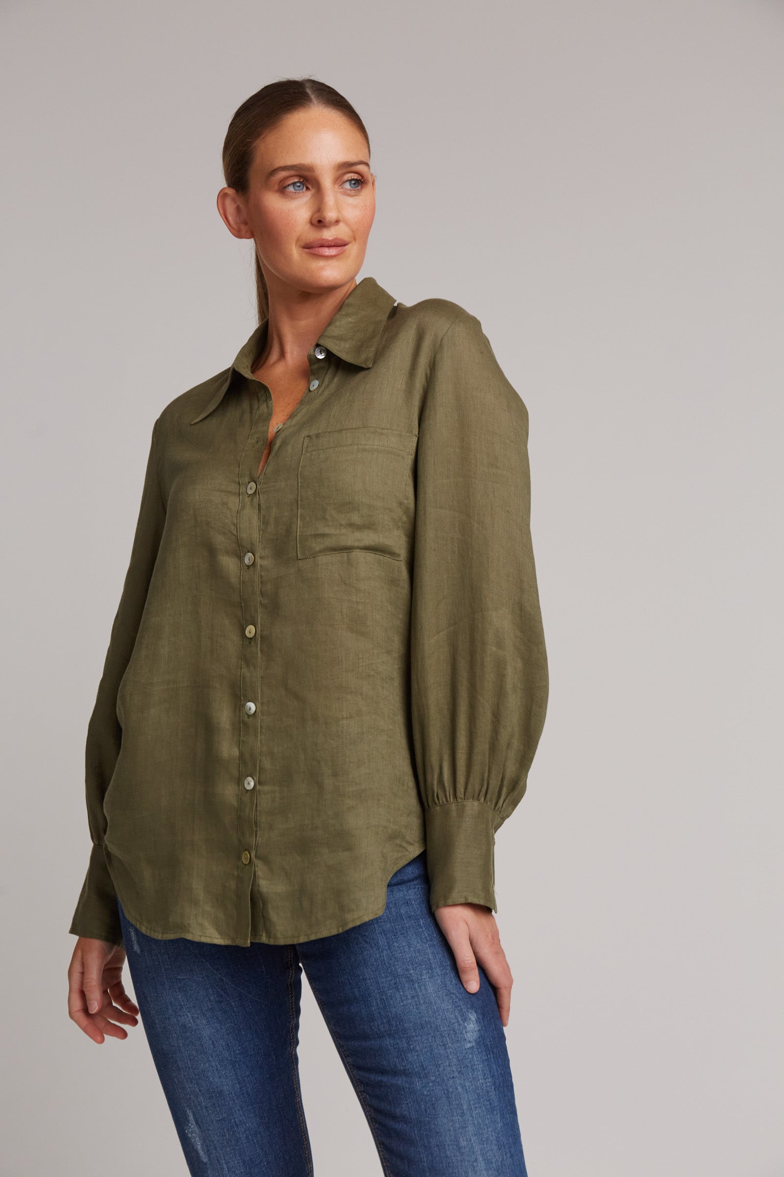 Eb&Ive Studio Linen Button Front Shirt  Top Collar Work Shirt Long Sleeve Khaki