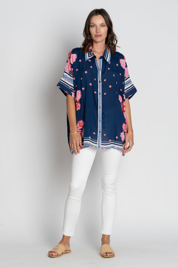 Lula Soul Ladera Navy and pink floral Collared short sleeve shirt button up summer holiday resort set