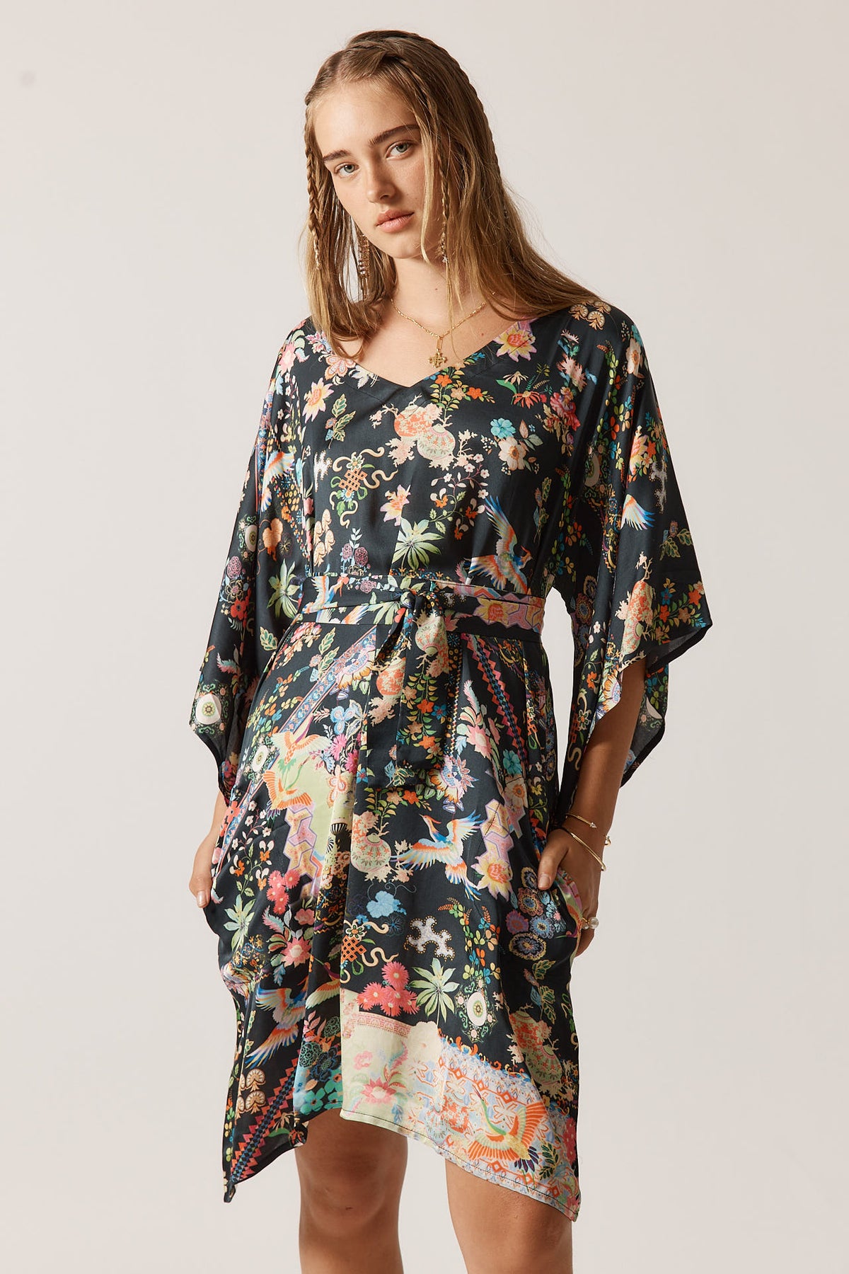 RubyYaya Lala kaftan Vintage & retro all over bird print statement bold Animal print with exclusive soft satin mini dress fashion kimono sleeve evening event dress 