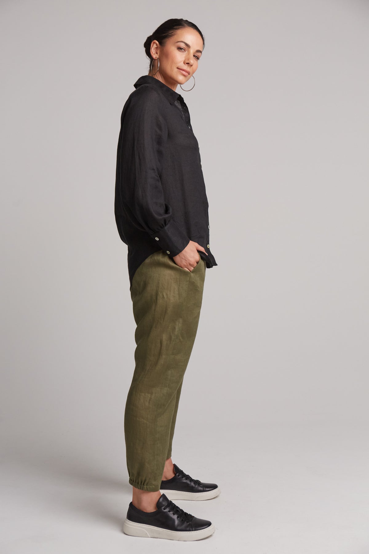 Eb&amp;Ive Studio Linen Button Front Shirt  Top Collar Work Shirt Long Sleeve Black