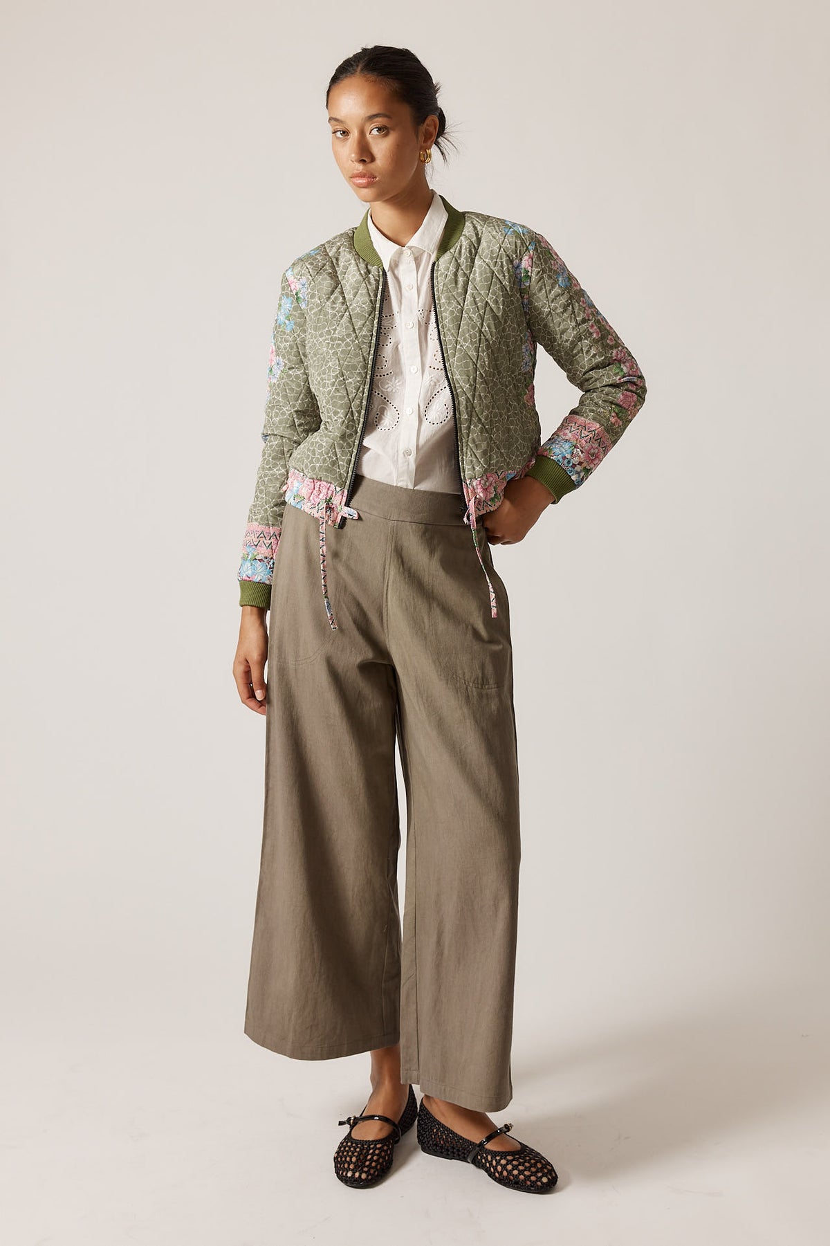 RubyYaya Daisy duke Vintage & retro all over floral print statement  bold print quilted bomber jacket women’s fashion  blush pink and khaki green  
