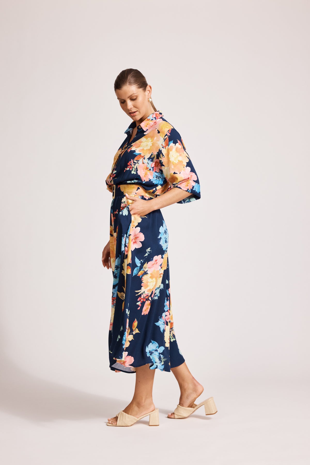 Eb&amp;Ive Parisio Belt Shirt Dress  Short 3/4 sleeve maxi with collar and button front elastic and Belt waist summer work dress swim cover navy spring floral print 