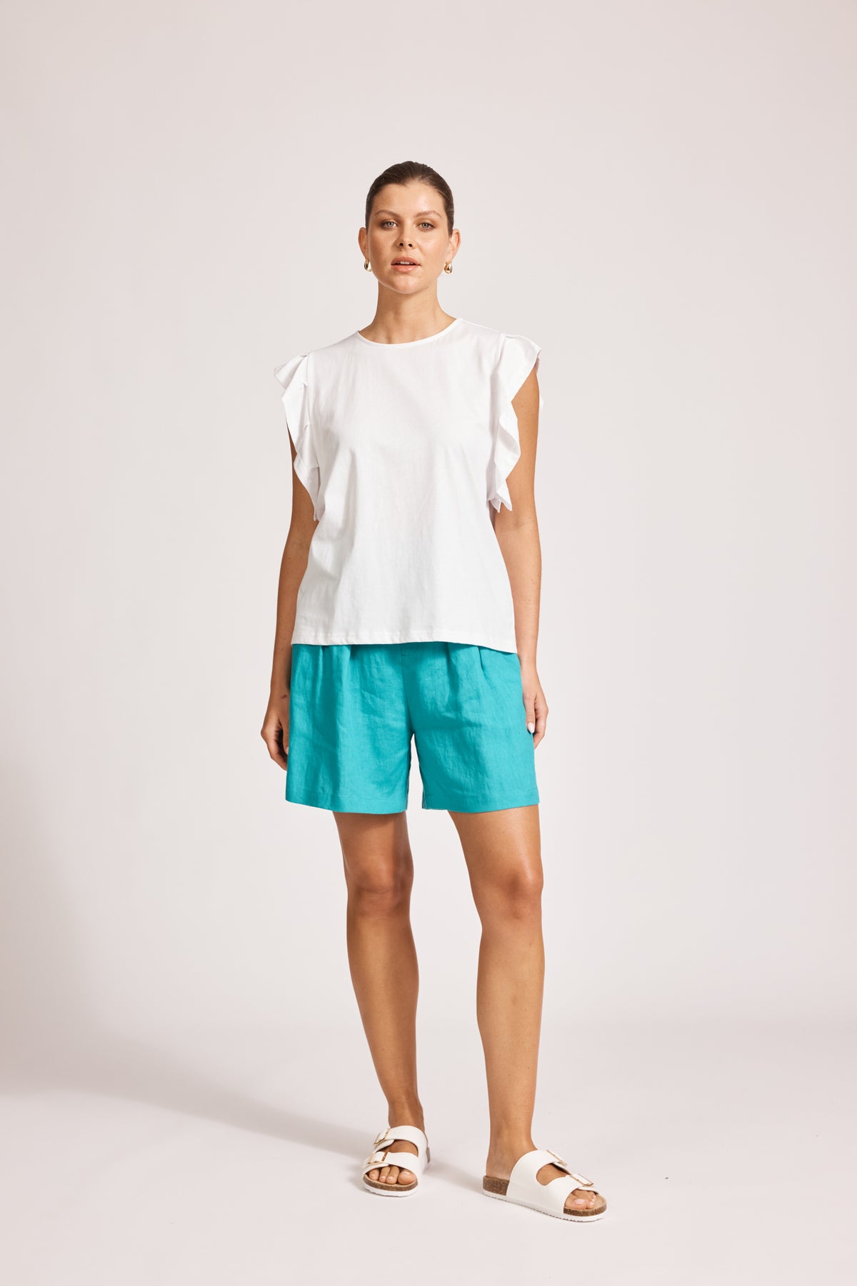 Eb&amp;Ive Francis cotton top short sleeve ruffle sleeve crew neck relaxed casual work blouse cotton summer