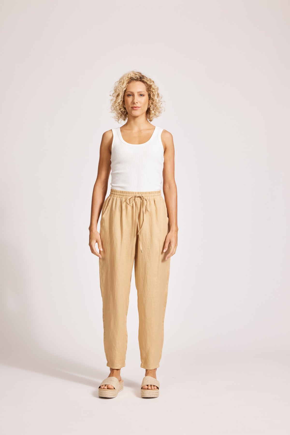 Eb&amp;Ive Miramar Linen pant Relaxed linen jogger summer drawstring waist slim tapered leg camel