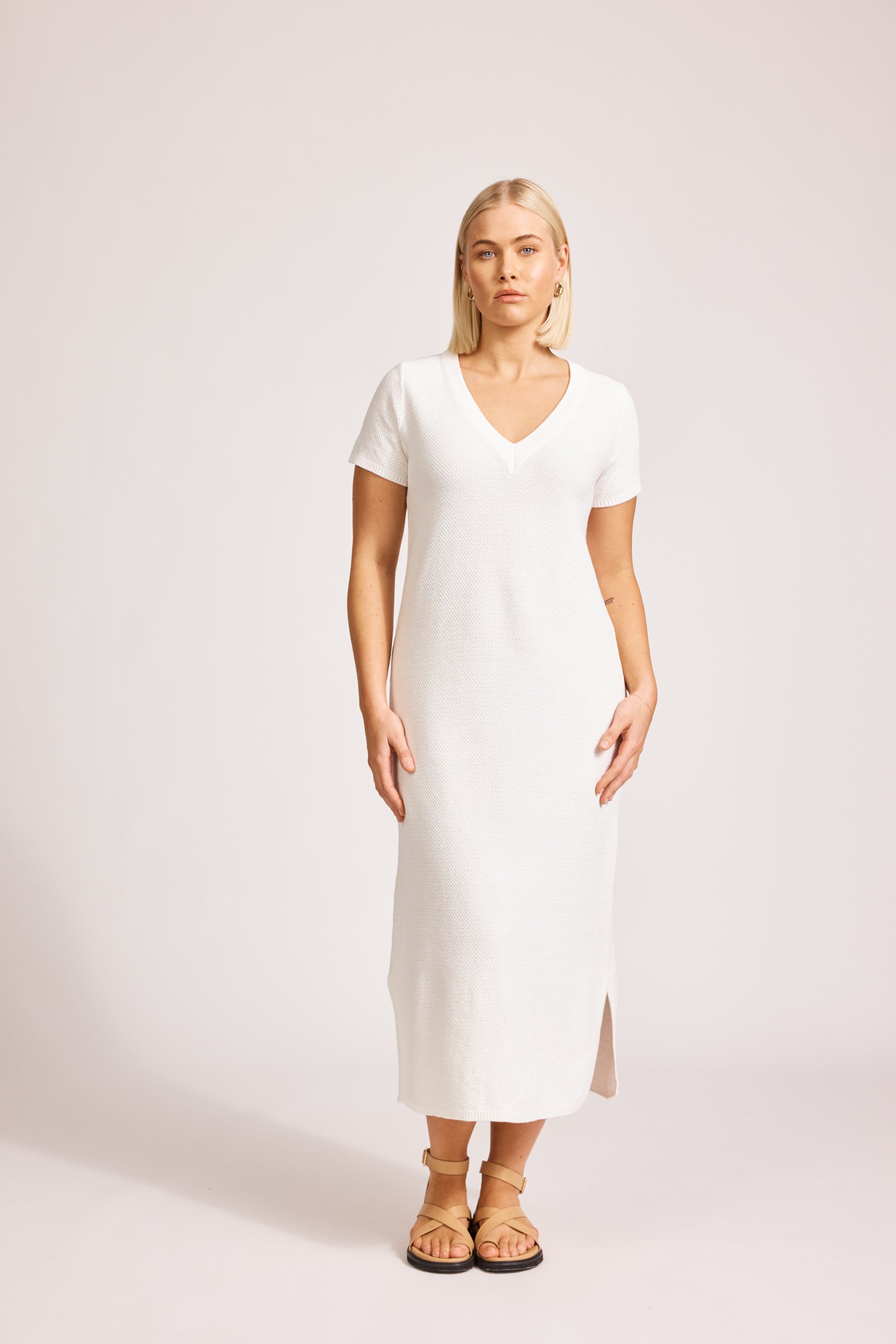 Eb&Ive Artemis Short sleeve maxi T-Shirt dress Vneck  white cotton textured summer knit tank dress swim cover sport 