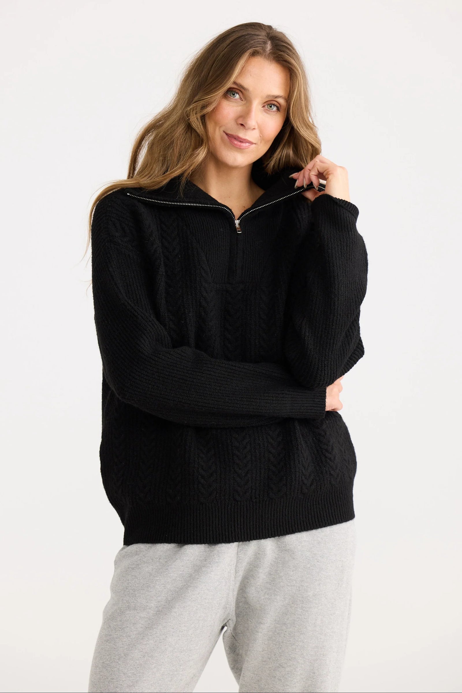 Zip Front Cable Knit - Black