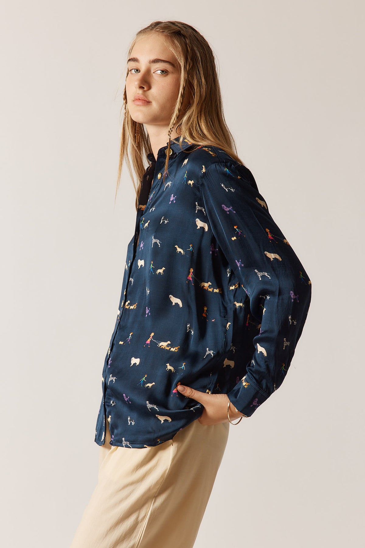 RubyYaya puppy love  Vintage & retro all over exclusive print statement  bold Animal print with dogs soft button up Shirt  women’s fashion collared blouse Navy work wear